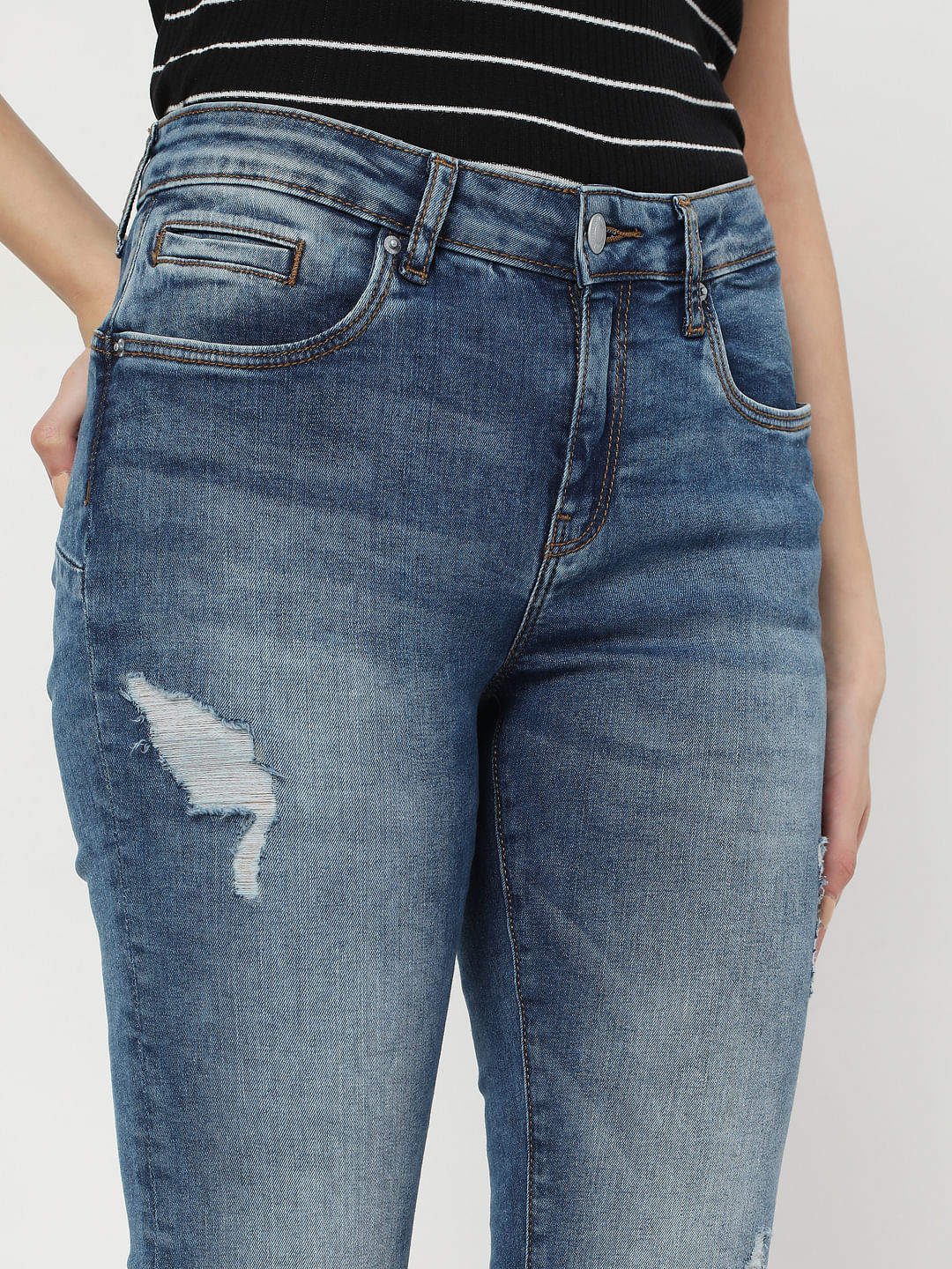 Blue Mid Rise Ripped Pushup Jeans - Image 4