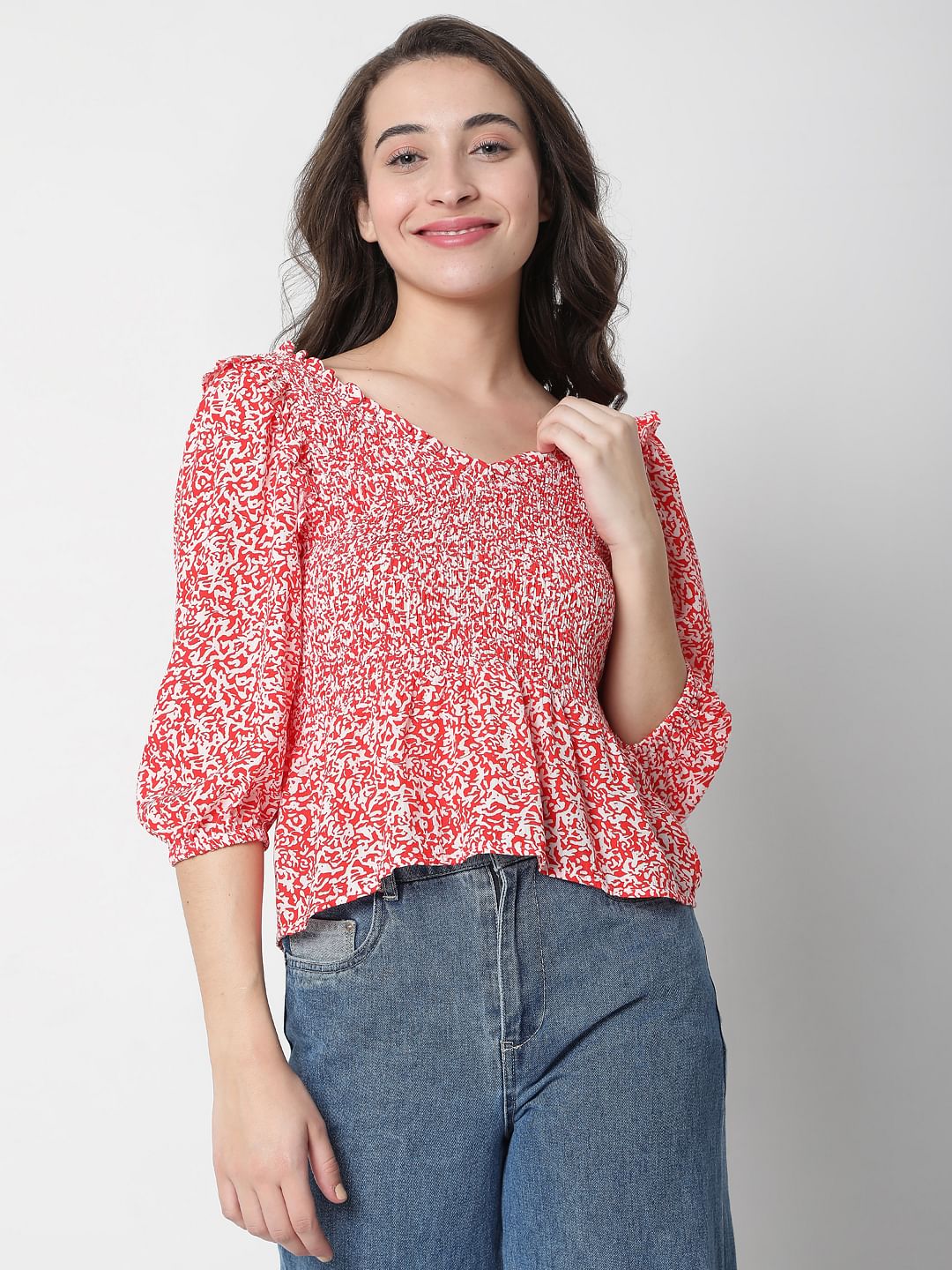 Red Printed Boat Neck Top - Image 2