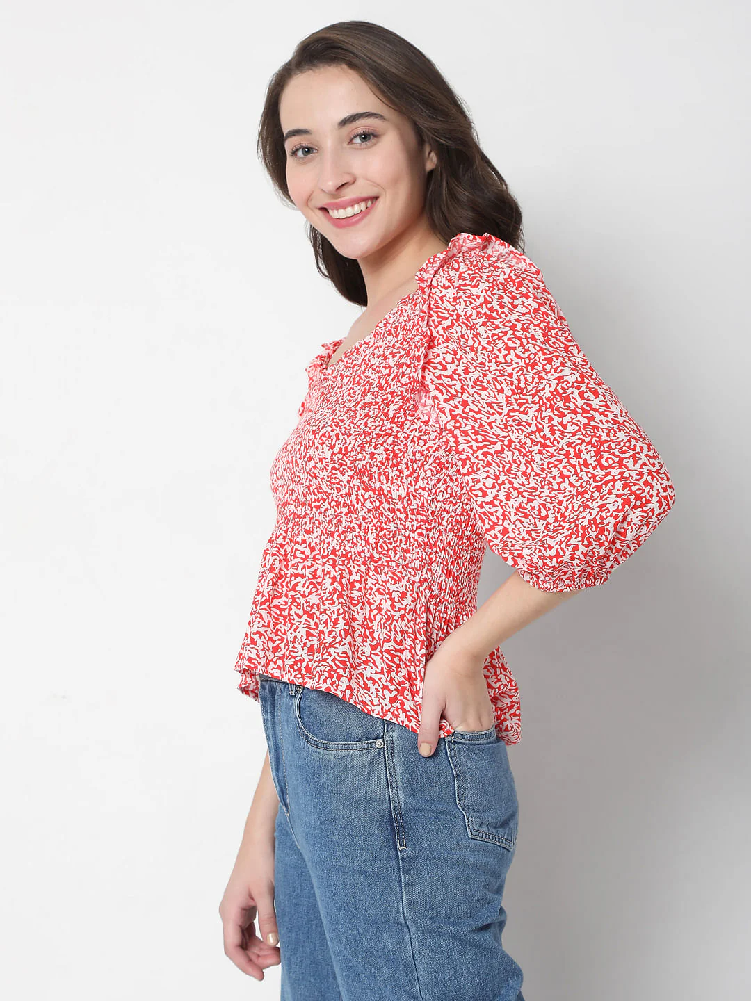 Red Printed Boat Neck Top - Image 3