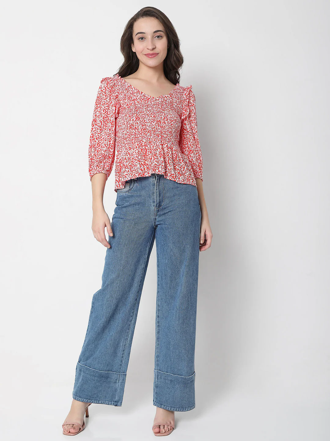 Red Printed Boat Neck Top - Image 5