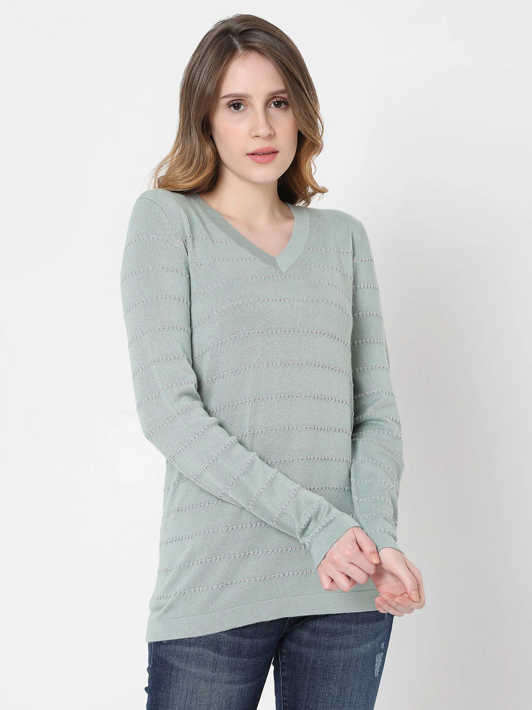 Green Textured Striped Pullover - Image 2