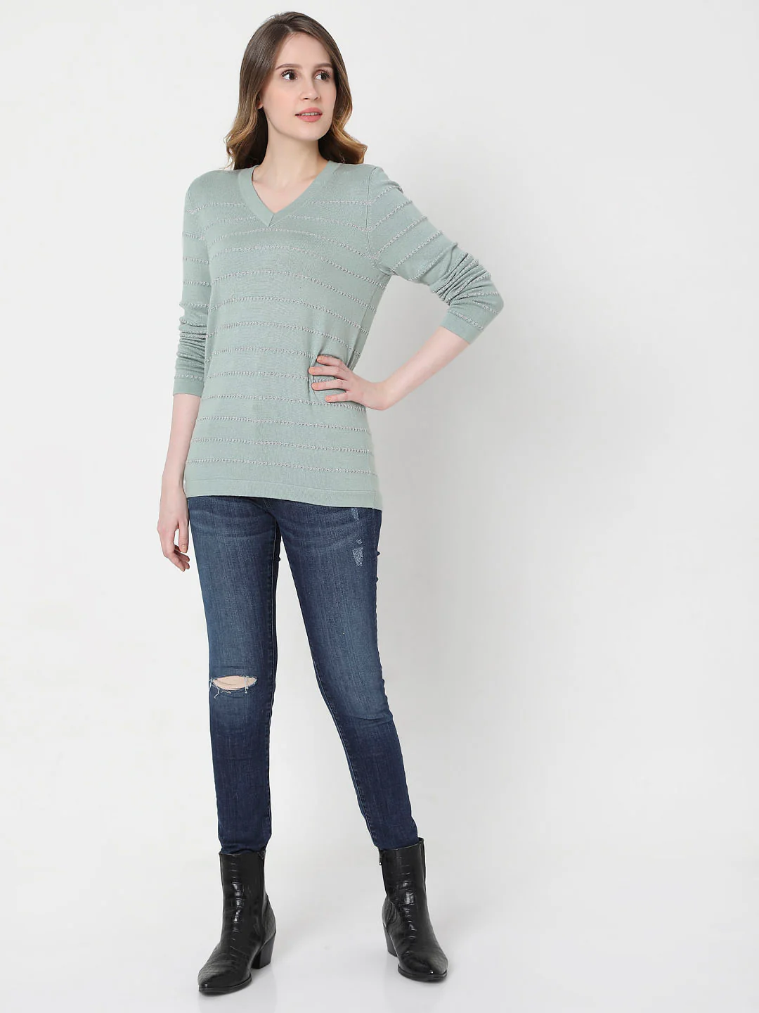 Green Textured Striped Pullover - Image 5