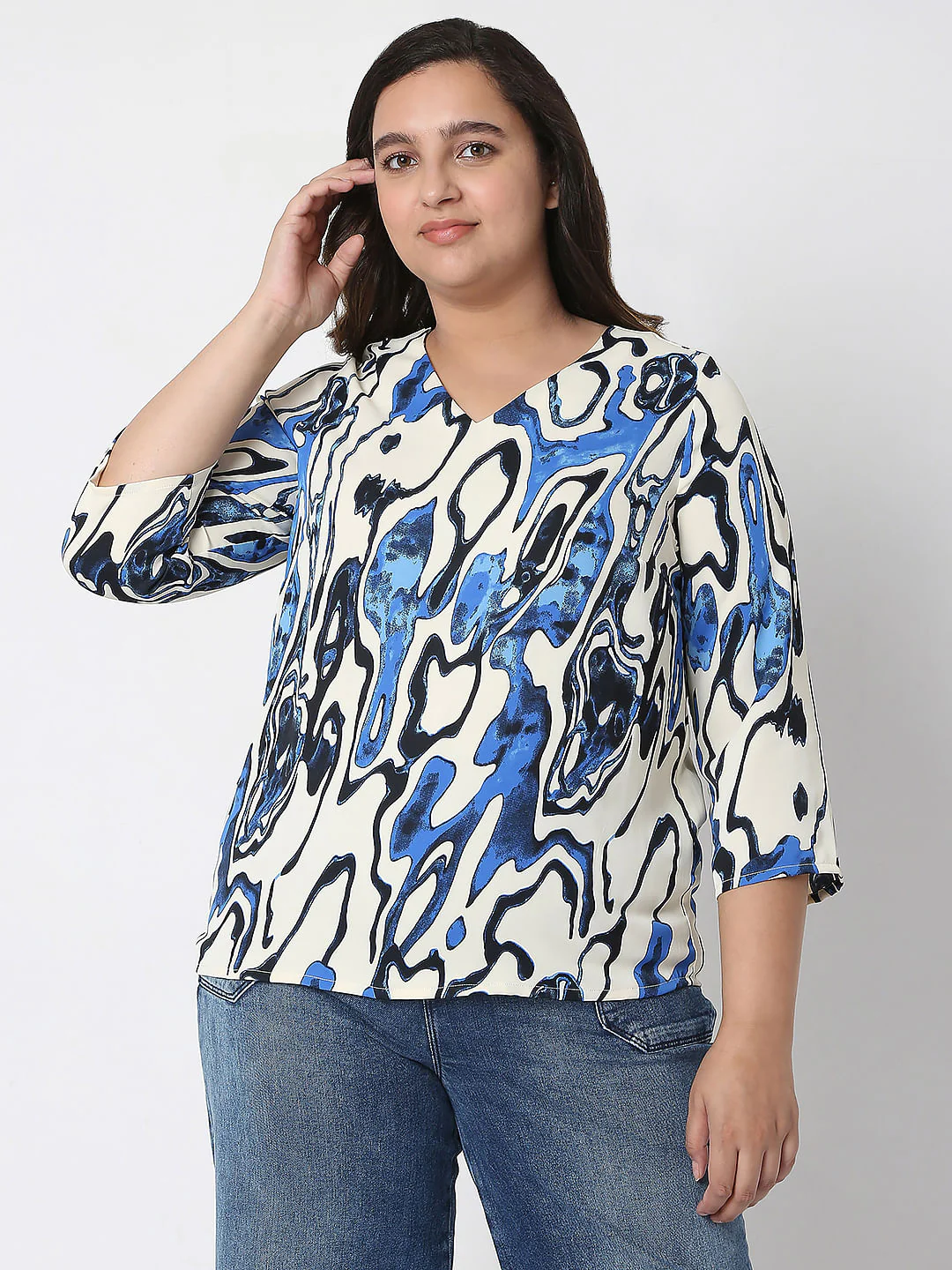 Curve White Abstract Print Top - Image 2