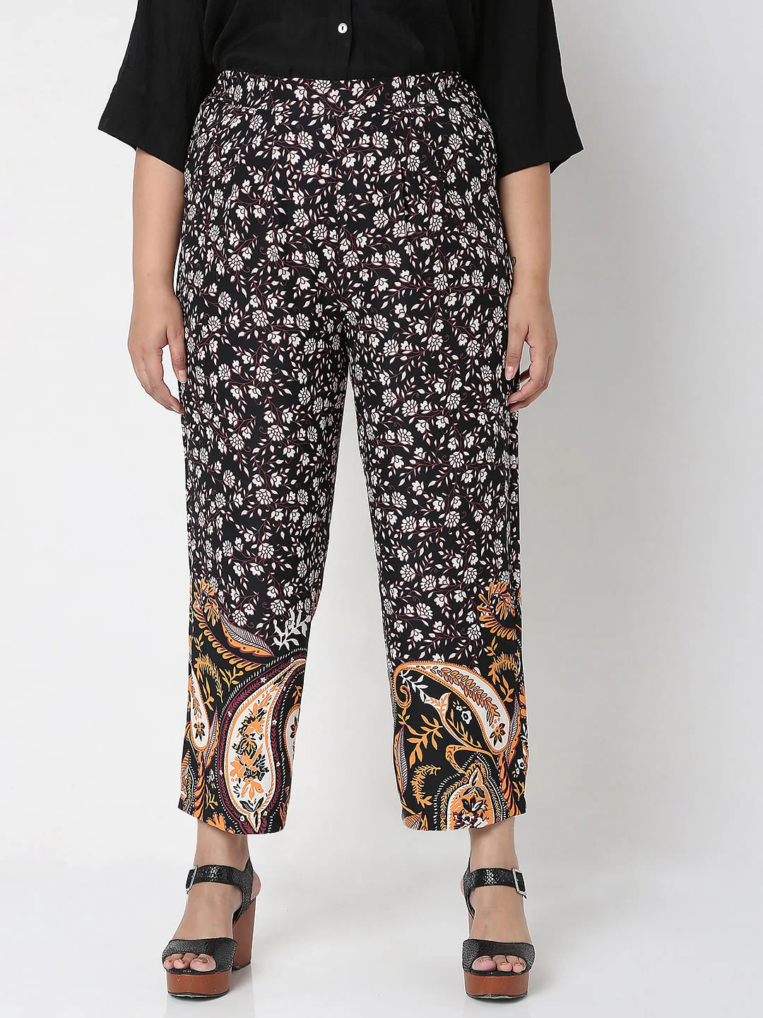 Curve Black High Waist Paisley Print Co-Ord Set Trousers - Image 2