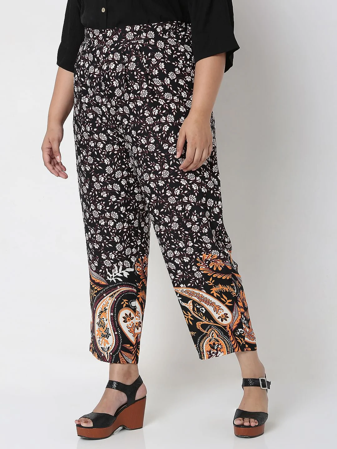 Curve Black High Waist Paisley Print Co-Ord Set Trousers - Image 3