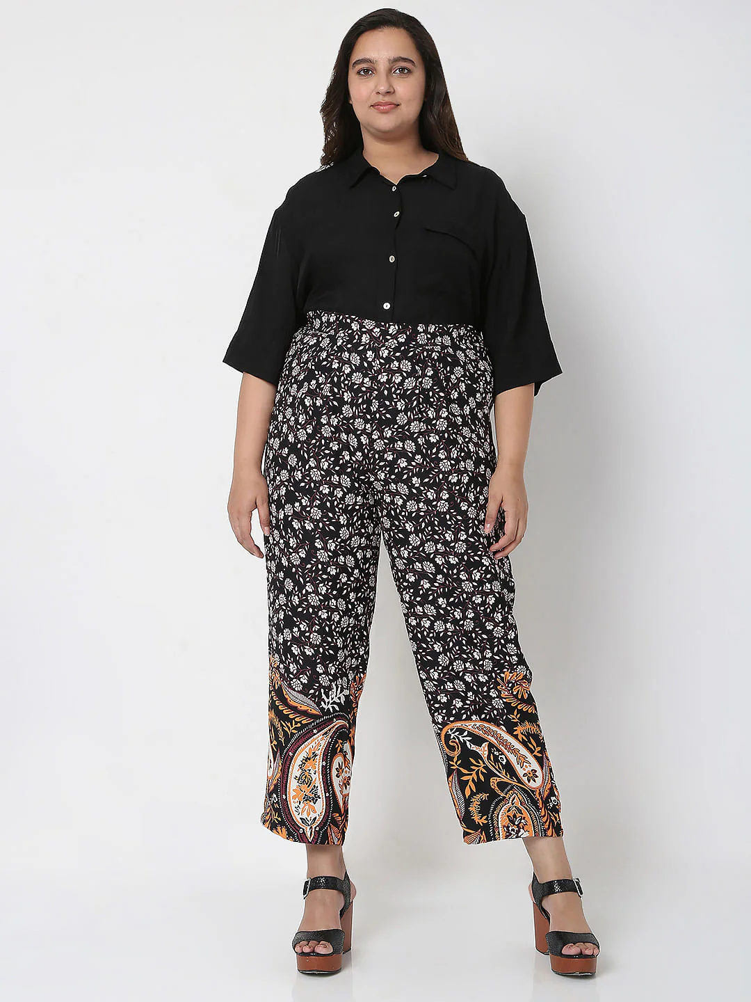Curve Black High Waist Paisley Print Co-Ord Set Trousers - Image 6