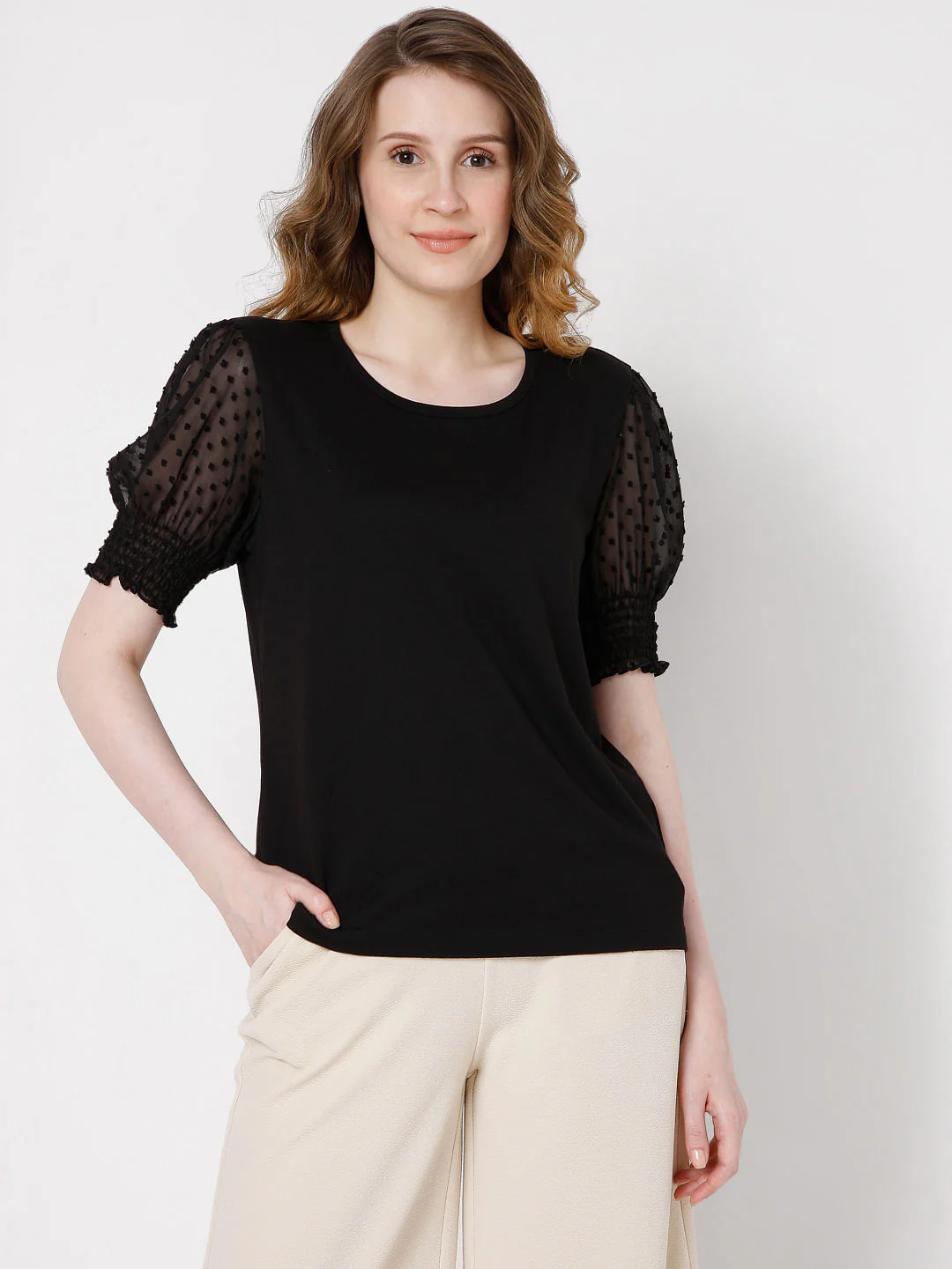 Black Dobby Puff Sleeves Top - Image 2