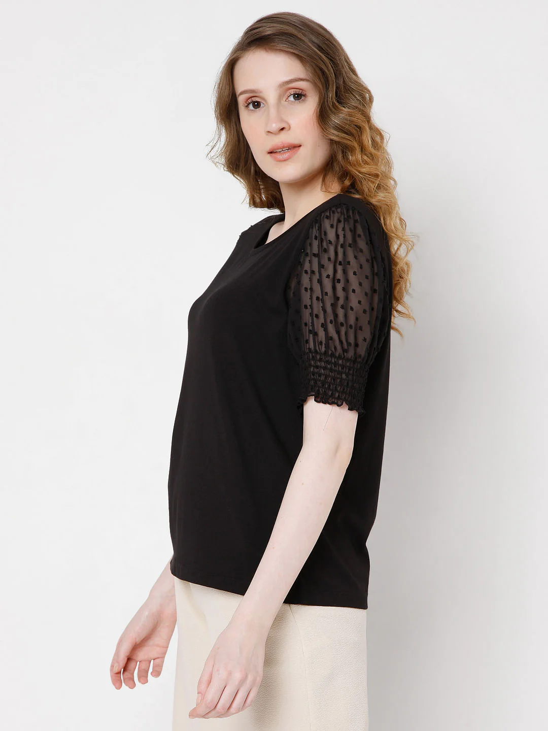 Black Dobby Puff Sleeves Top - Image 3