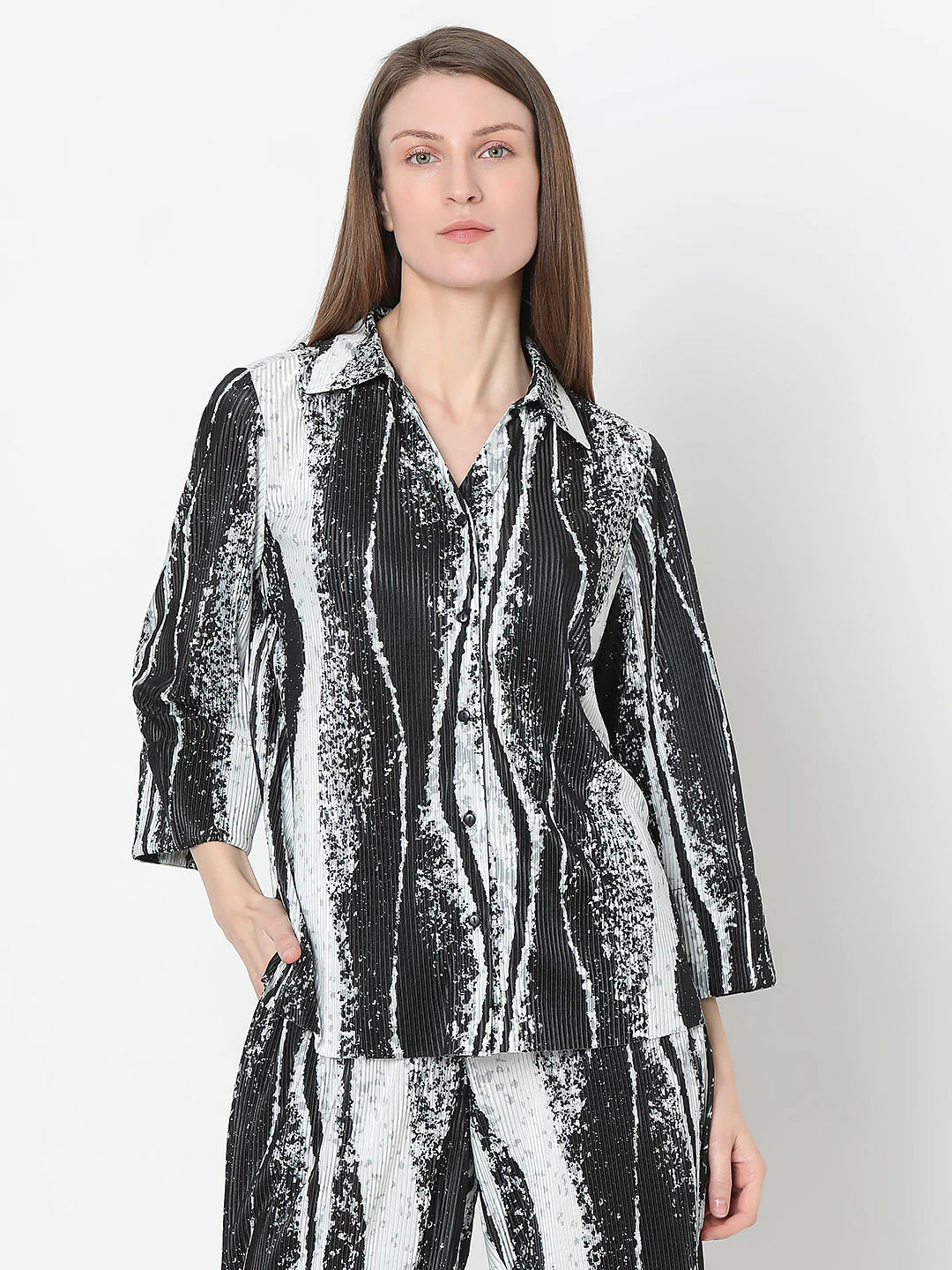 Black Printed Pleated Co-Ord Set Shirt - Image 2