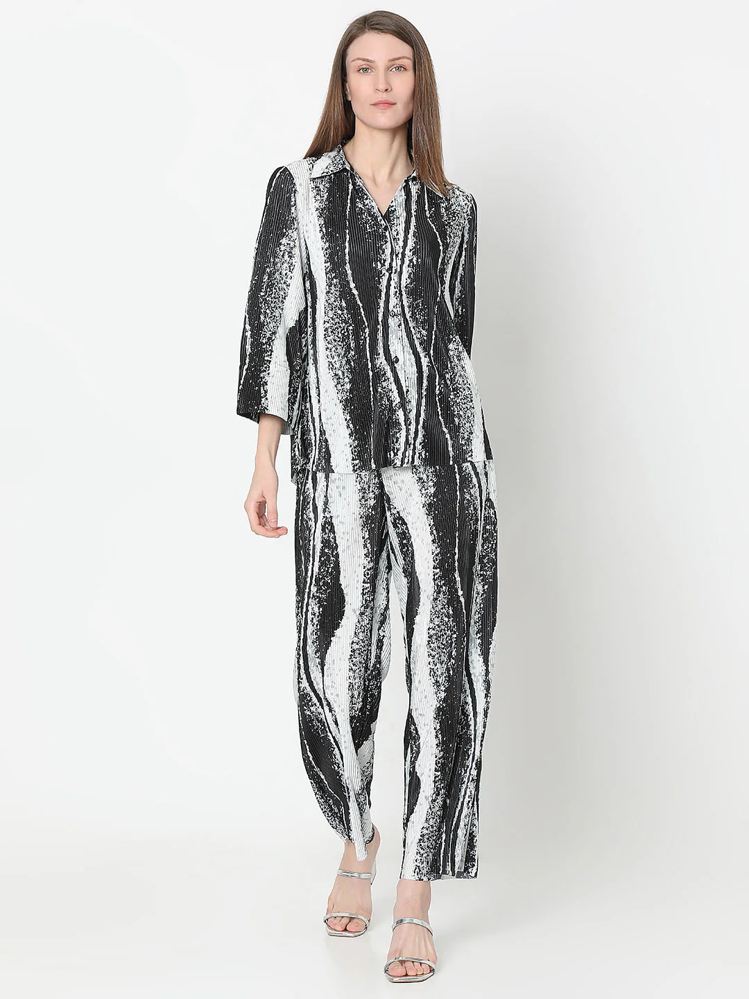 Black Printed Pleated Co-Ord Set Shirt - Image 5