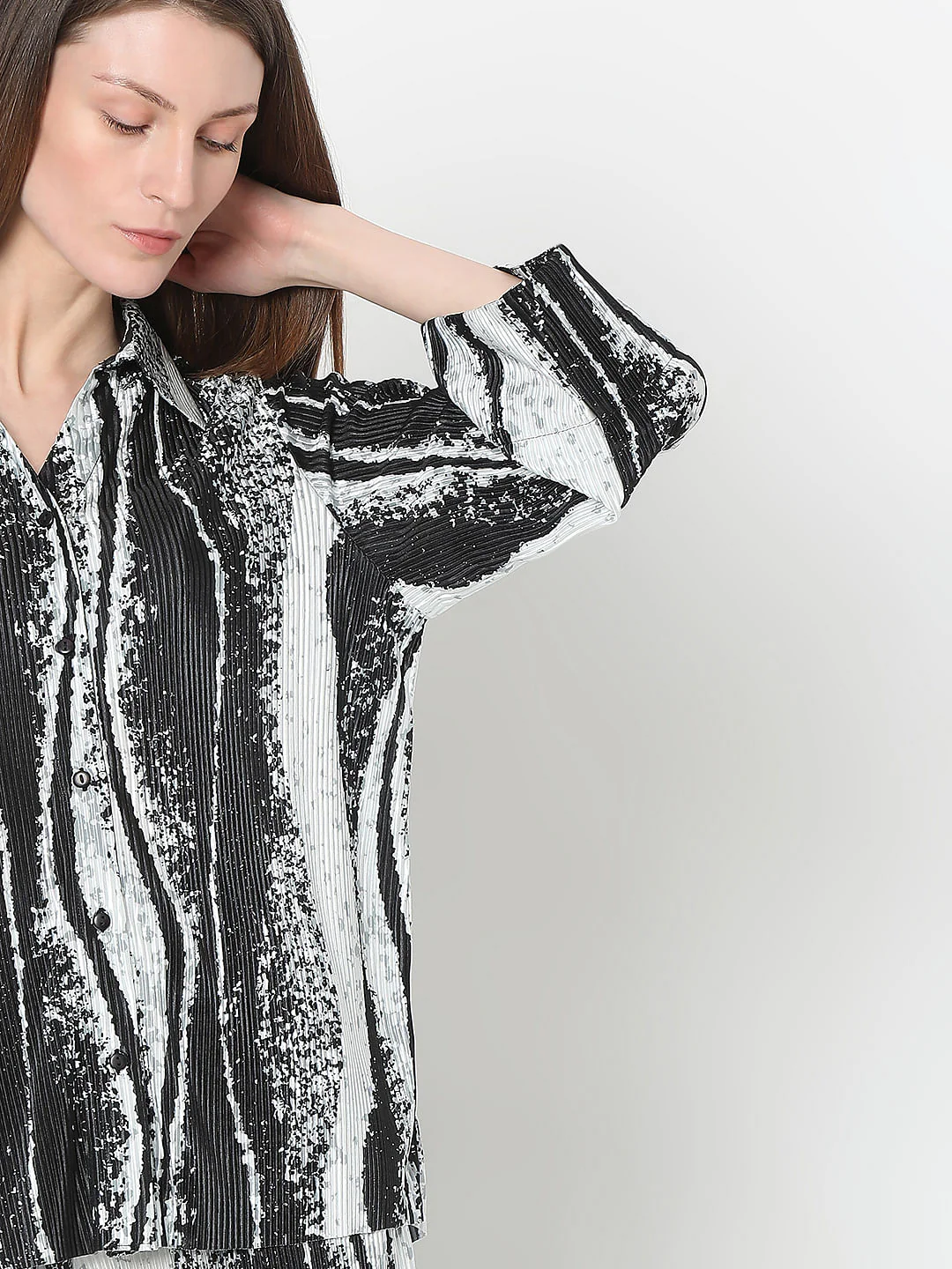 Black Printed Pleated Co-Ord Set Shirt - Image 6