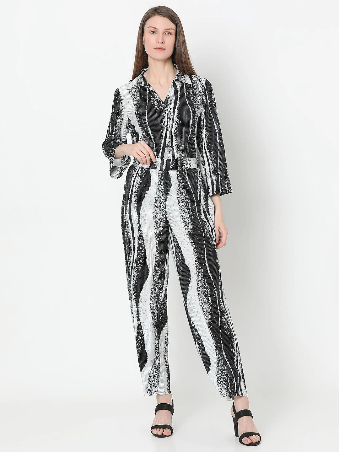 Black Printed Pleated Co-Ord Set Pants - Image 5