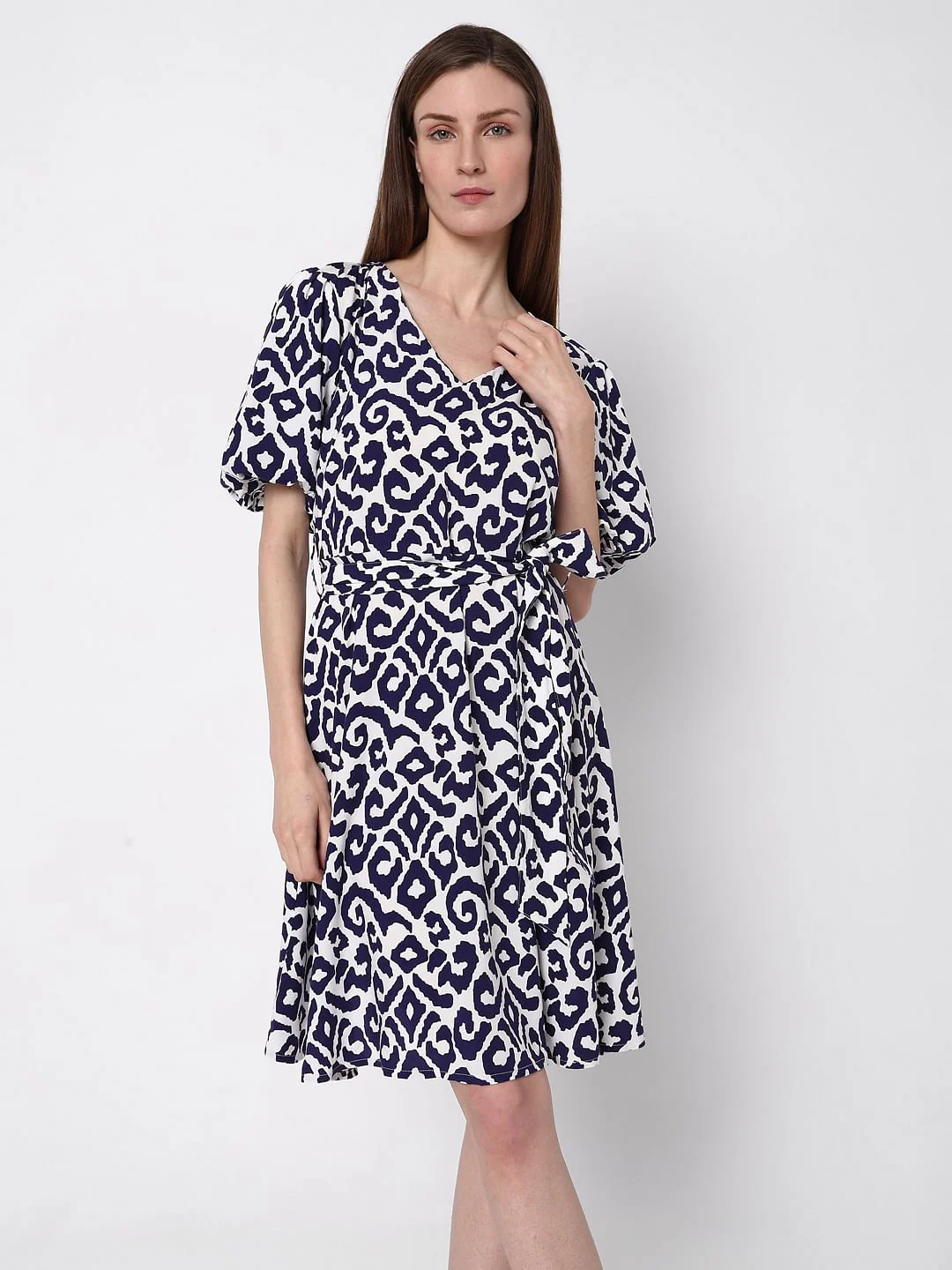 Blue Printed Fit & Flare Dress - Image 2