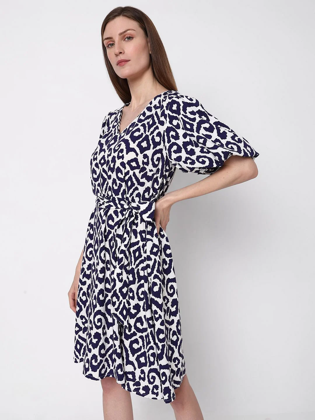 Blue Printed Fit & Flare Dress - Image 3