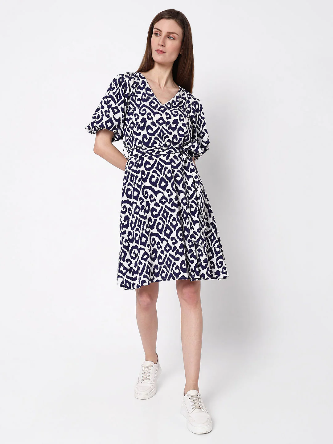 Blue Printed Fit & Flare Dress - Image 5