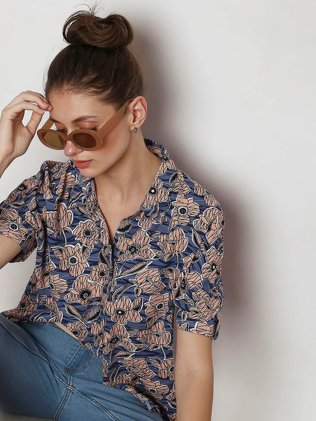 Blue Floral Print Casual Shirt