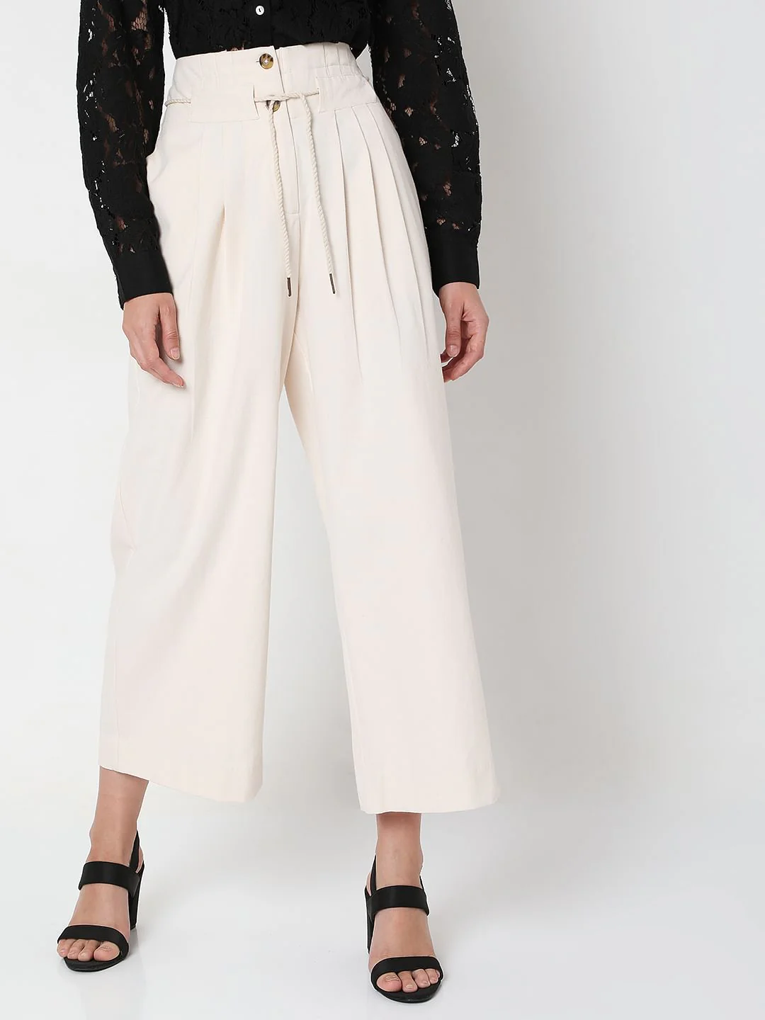 Beige High Rise Pleated Pants - Image 2