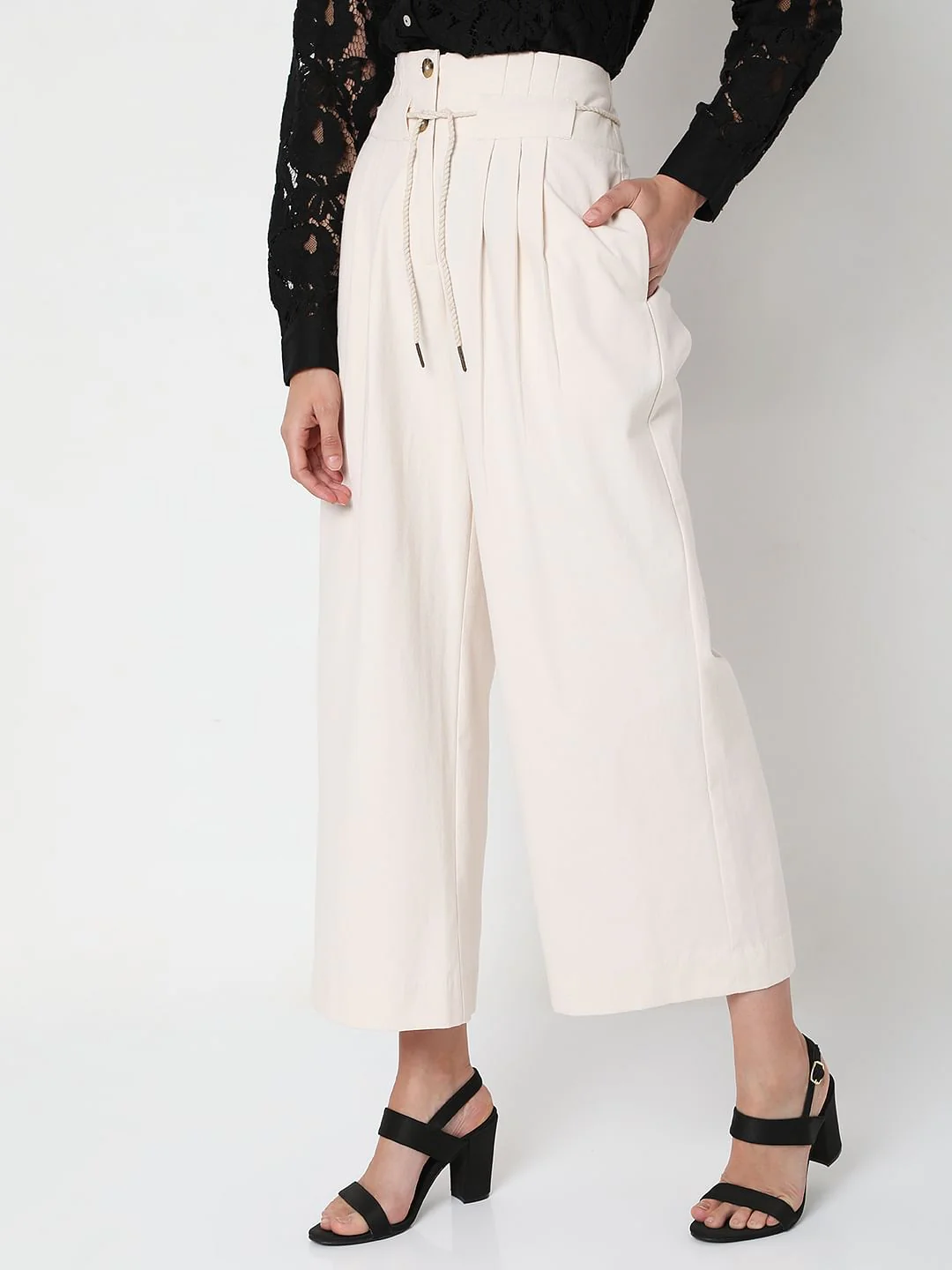 Beige High Rise Pleated Pants - Image 3