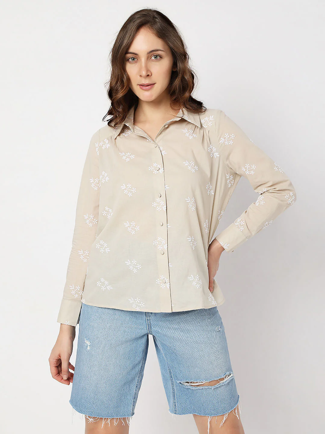 Beige Floral Embroidered Shirt - Image 2