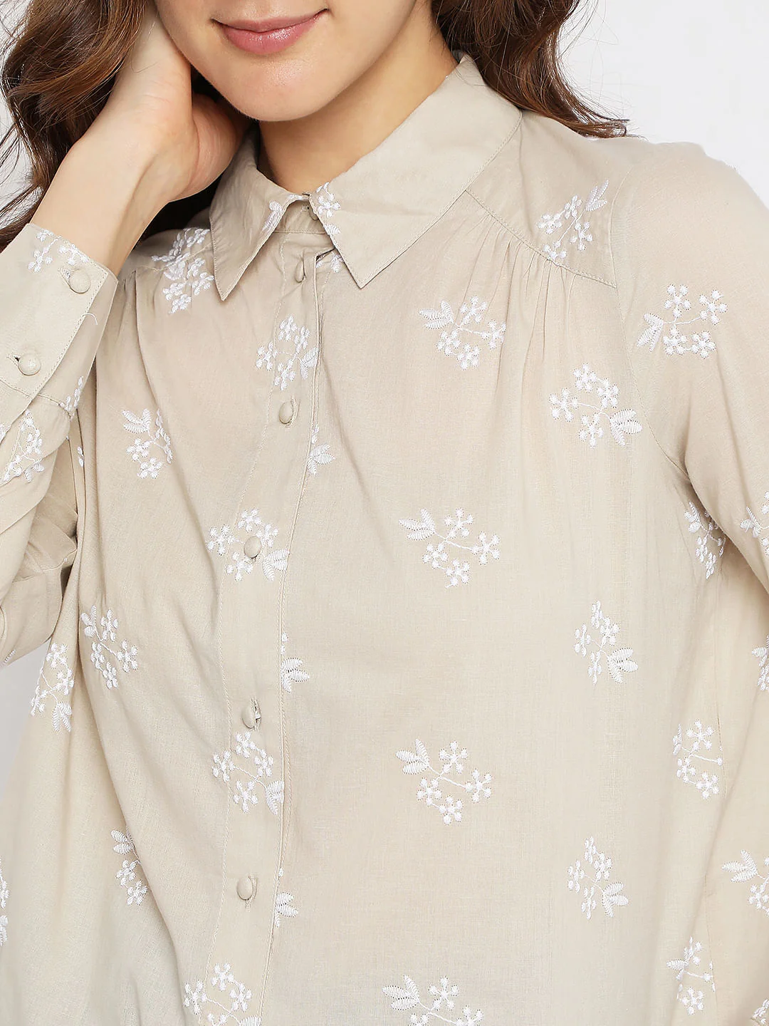 Beige Floral Embroidered Shirt - Image 6