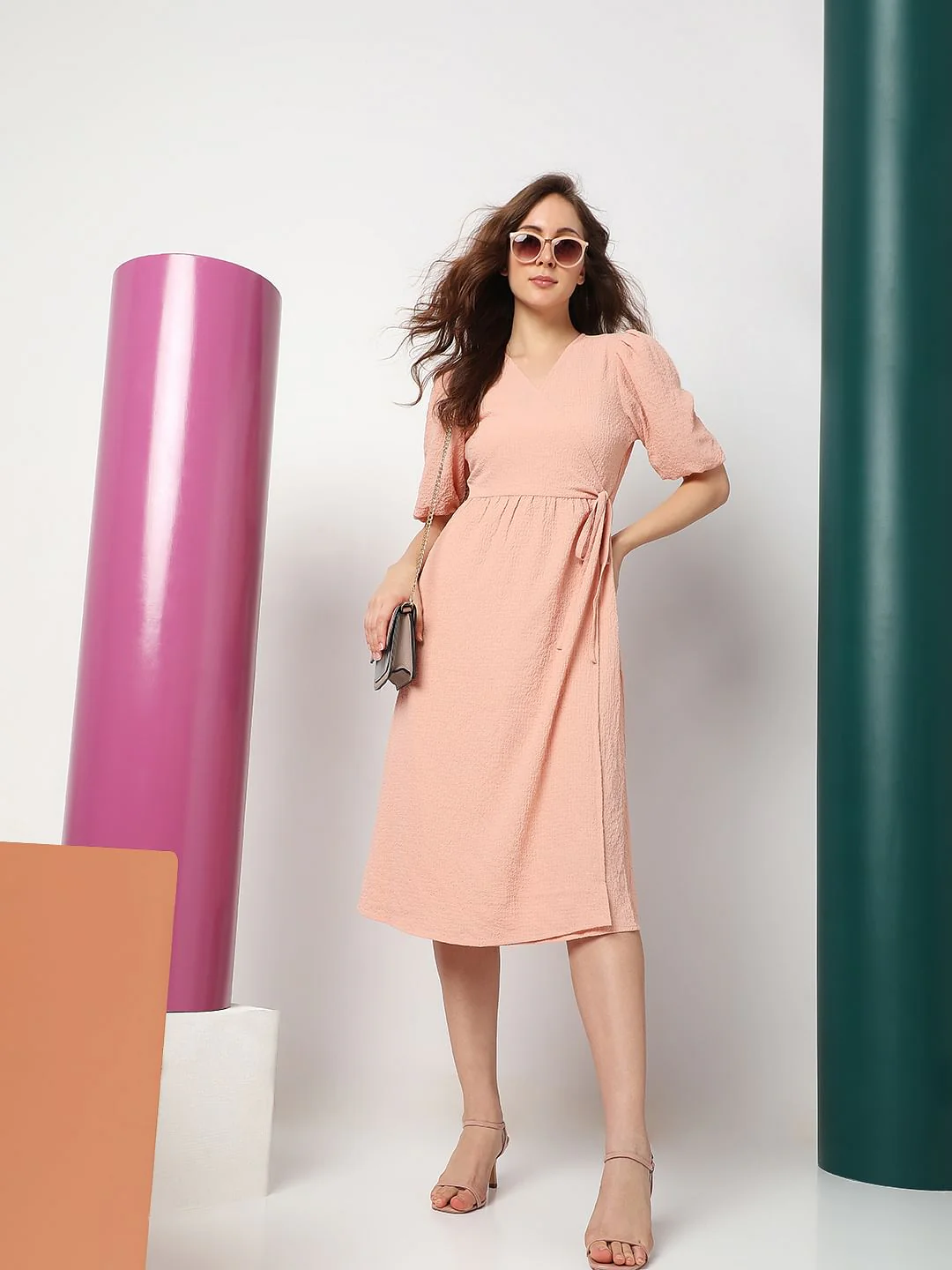 Dull Pink Textured Midi Dress