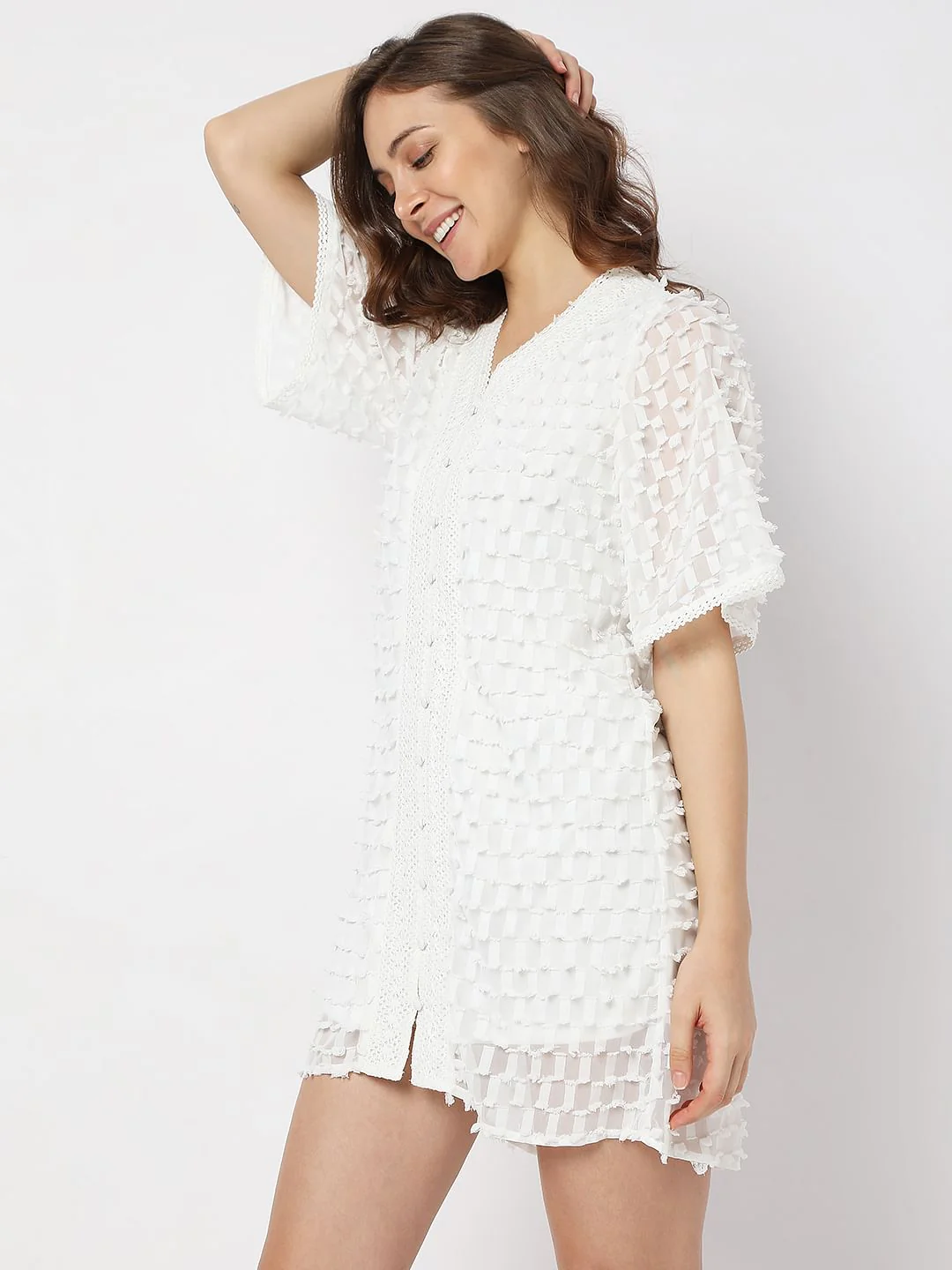 White Textured Mini Dress - Image 3