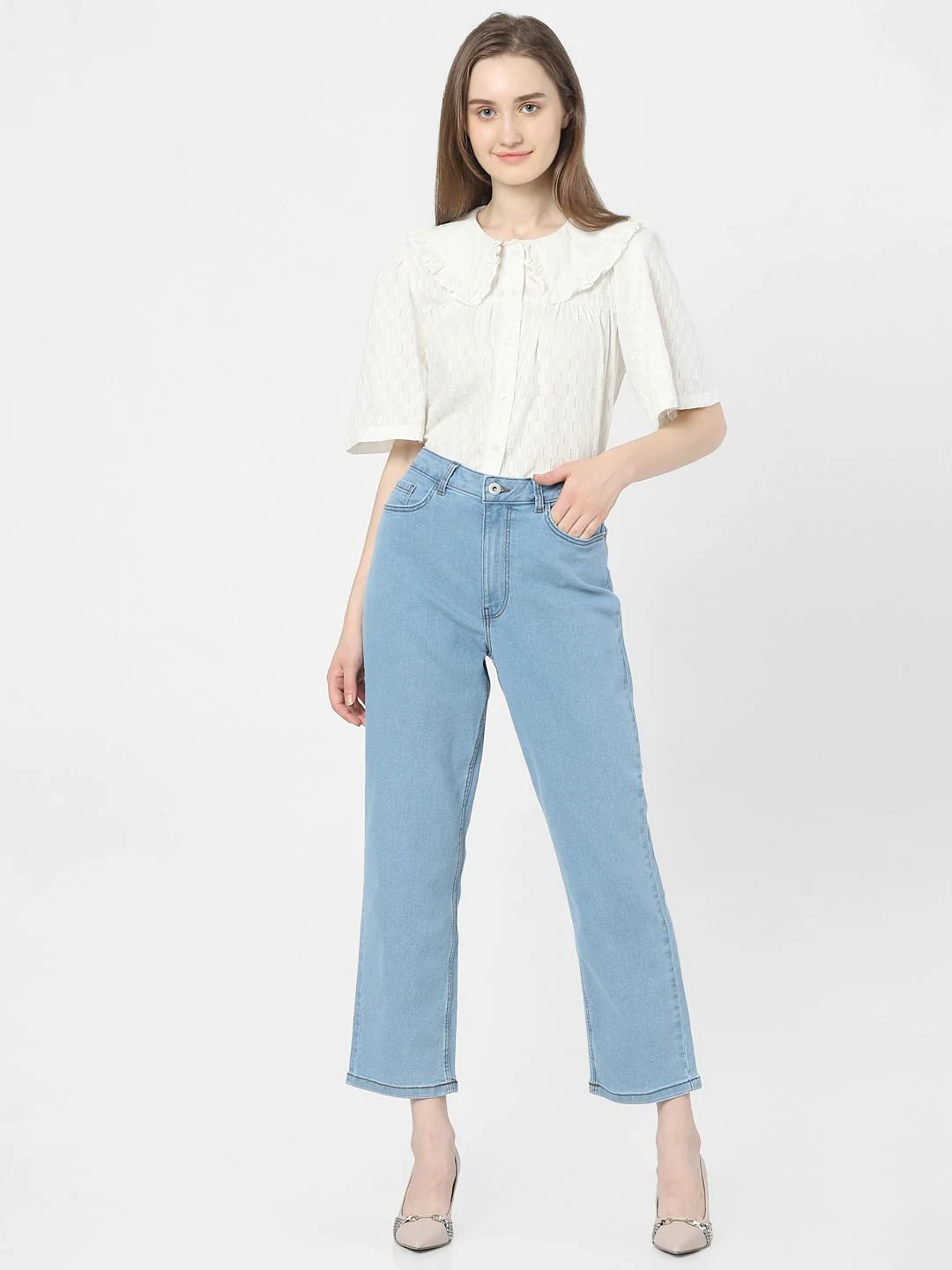 Light Blue Mid Rise Flared Jeans - Image 4