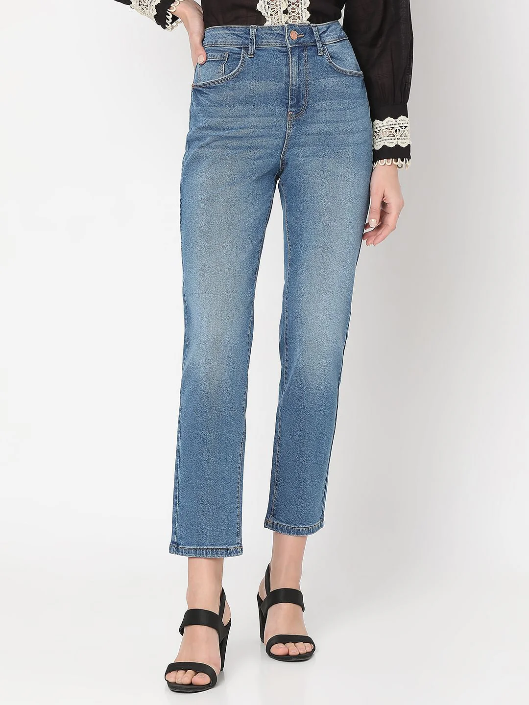 Blue Mid Rise Jade Straight Fit Jeans - Image 2