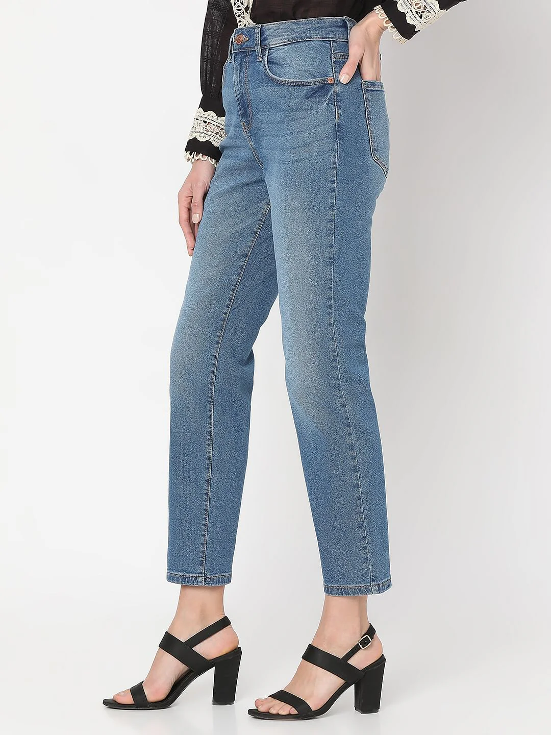 Blue Mid Rise Jade Straight Fit Jeans - Image 3