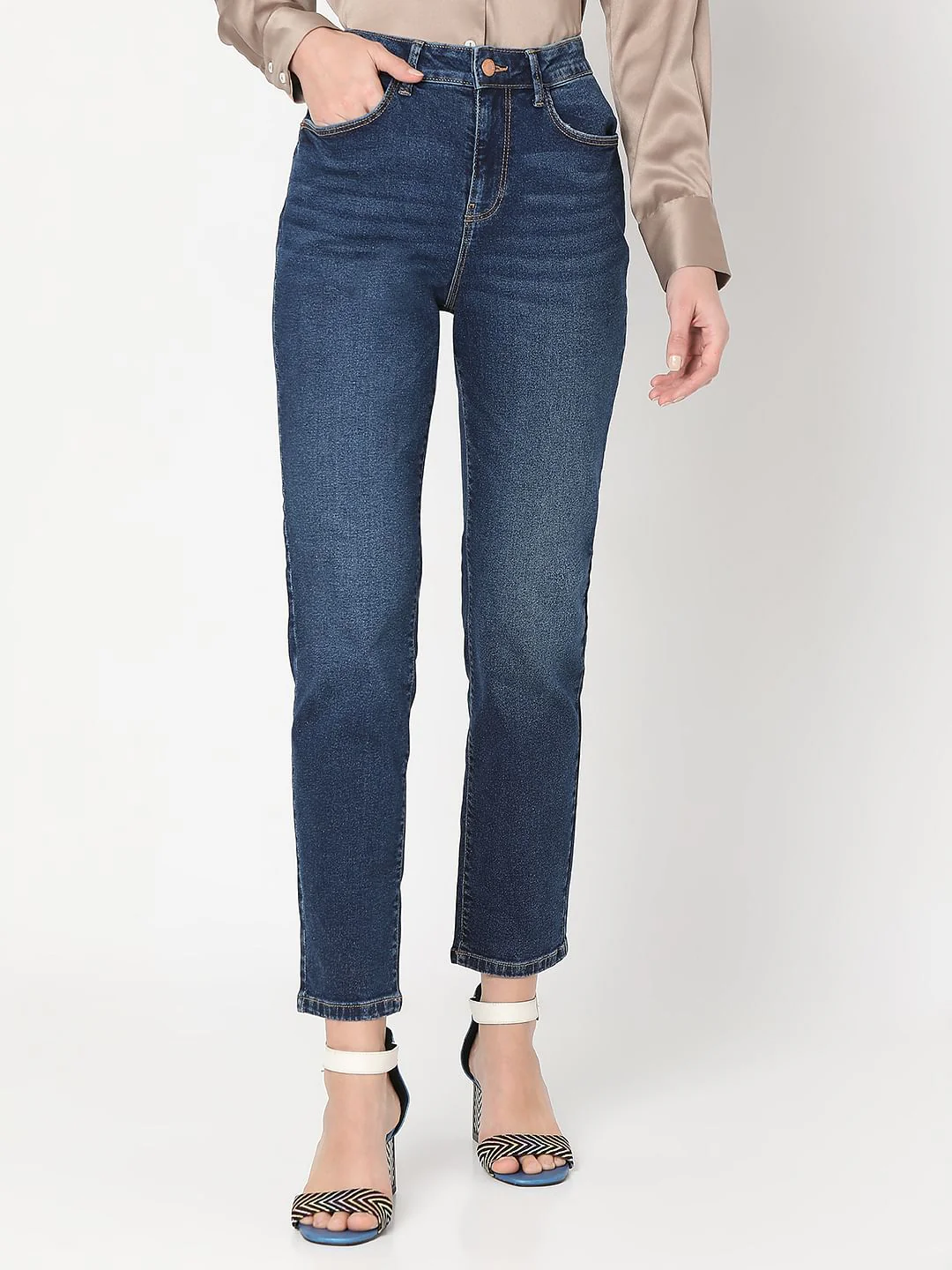 Dark Blue Mid Rise Jade Straight Fit Jeans - Image 2