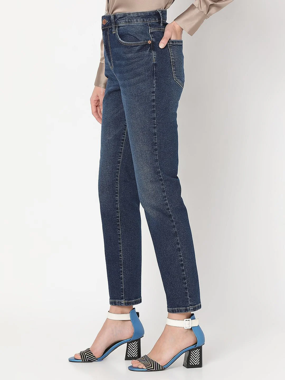 Dark Blue Mid Rise Jade Straight Fit Jeans - Image 3