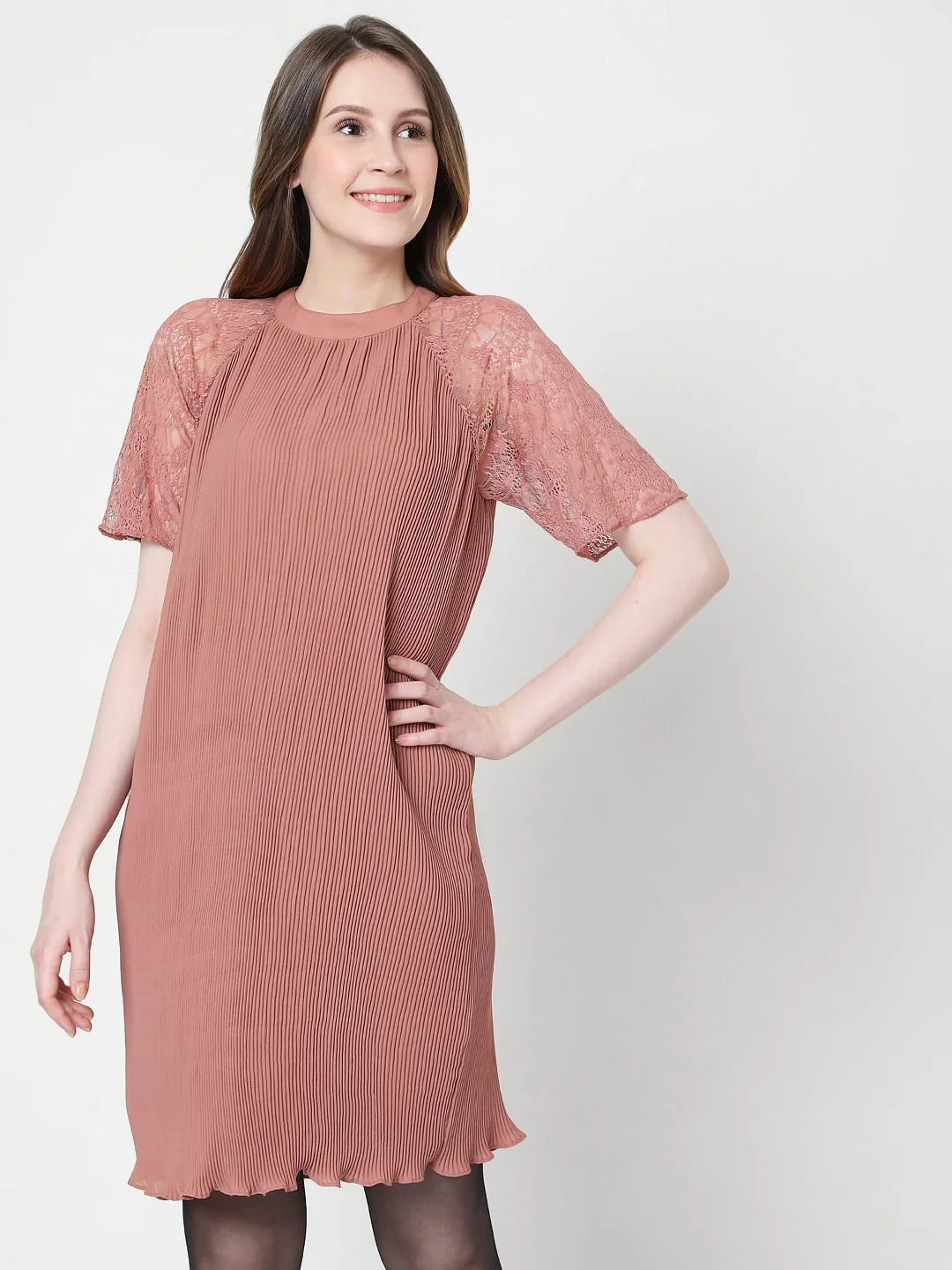 Pink Pleated Lace Dress - Image 2