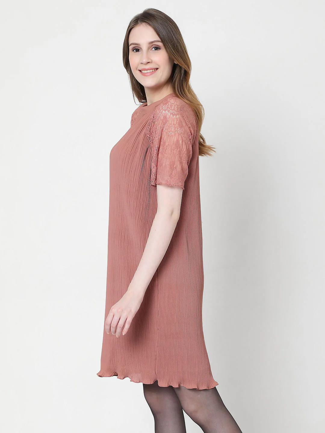 Pink Pleated Lace Dress - Image 3