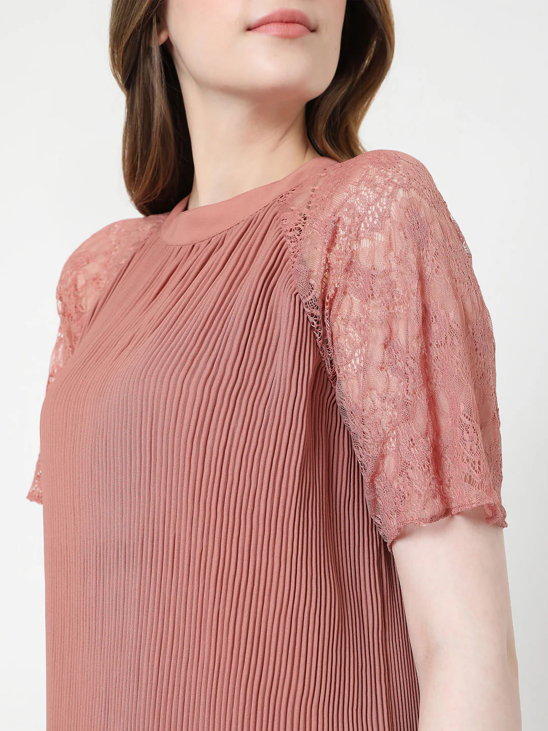 Pink Pleated Lace Dress - Image 6