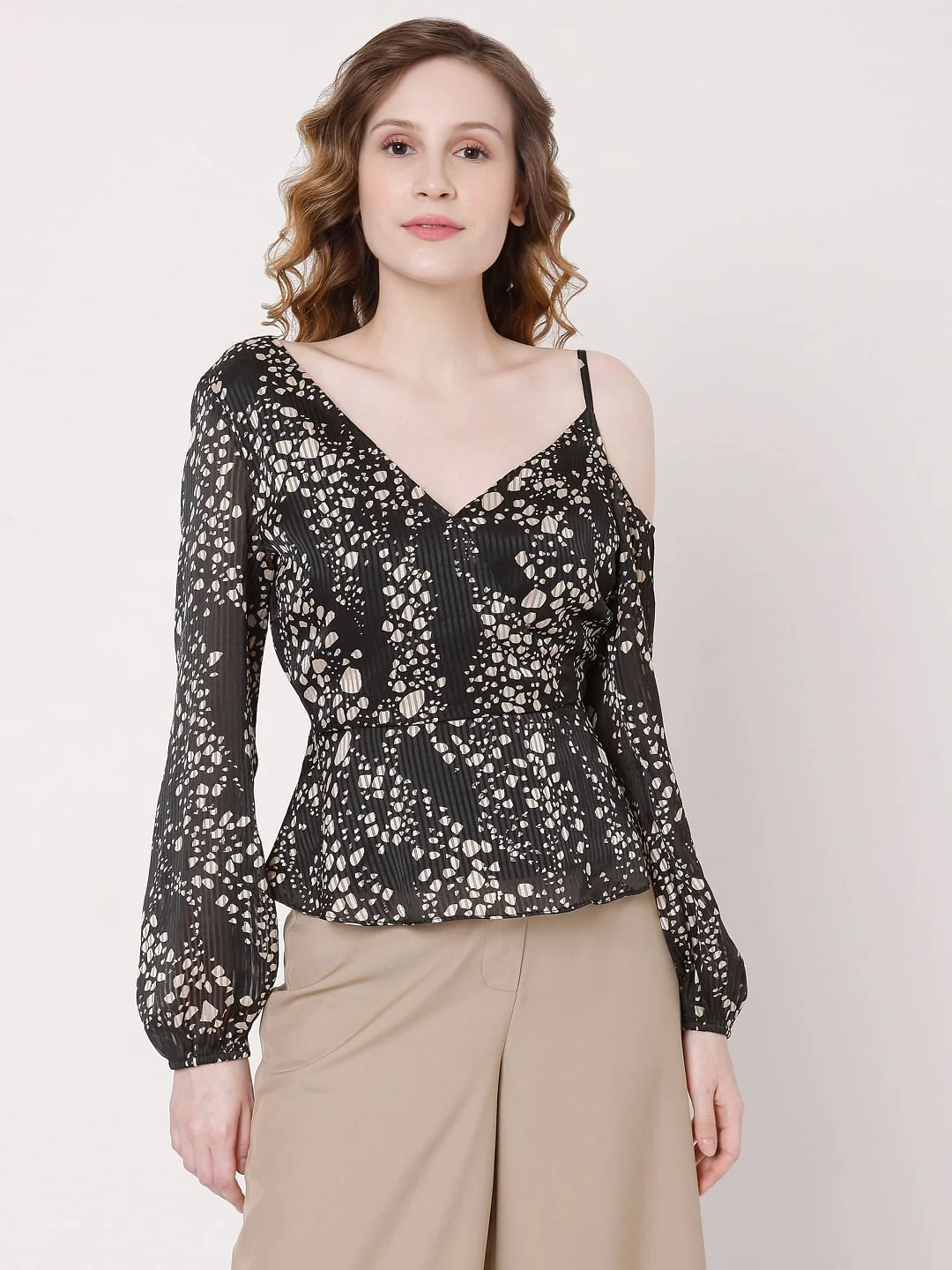 Black Cold Shoulder Pleated Top - Image 2