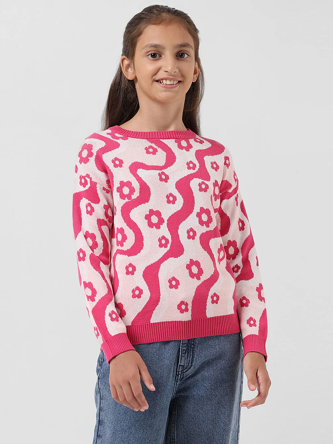 Girl Fuchsia Pink Printed Pullover - Image 2