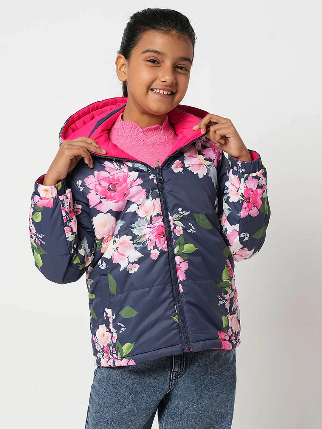 Girl Pink Reversible Floral Puffer Jacket - Image 2