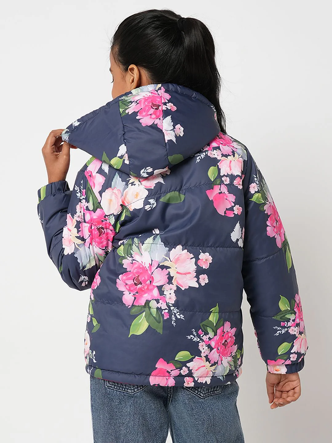 Girl Pink Reversible Floral Puffer Jacket - Image 3