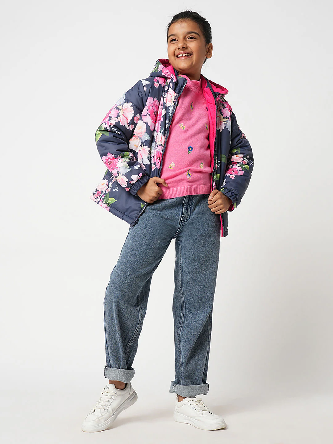 Girl Pink Reversible Floral Puffer Jacket - Image 4