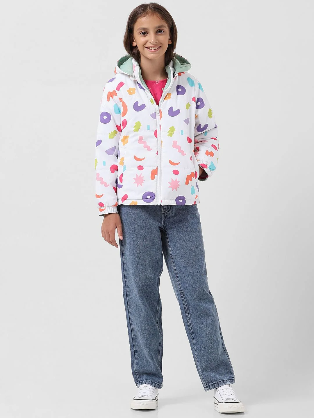 Girl White Printed Reversible Puffer Jacket - Image 10