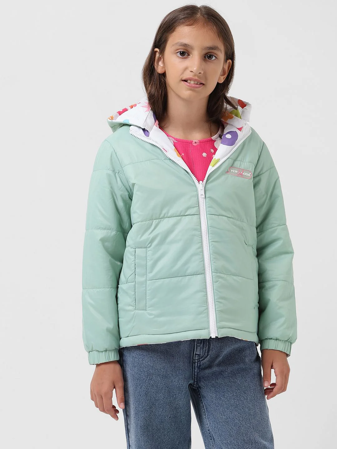 Girl White Printed Reversible Puffer Jacket - Image 2