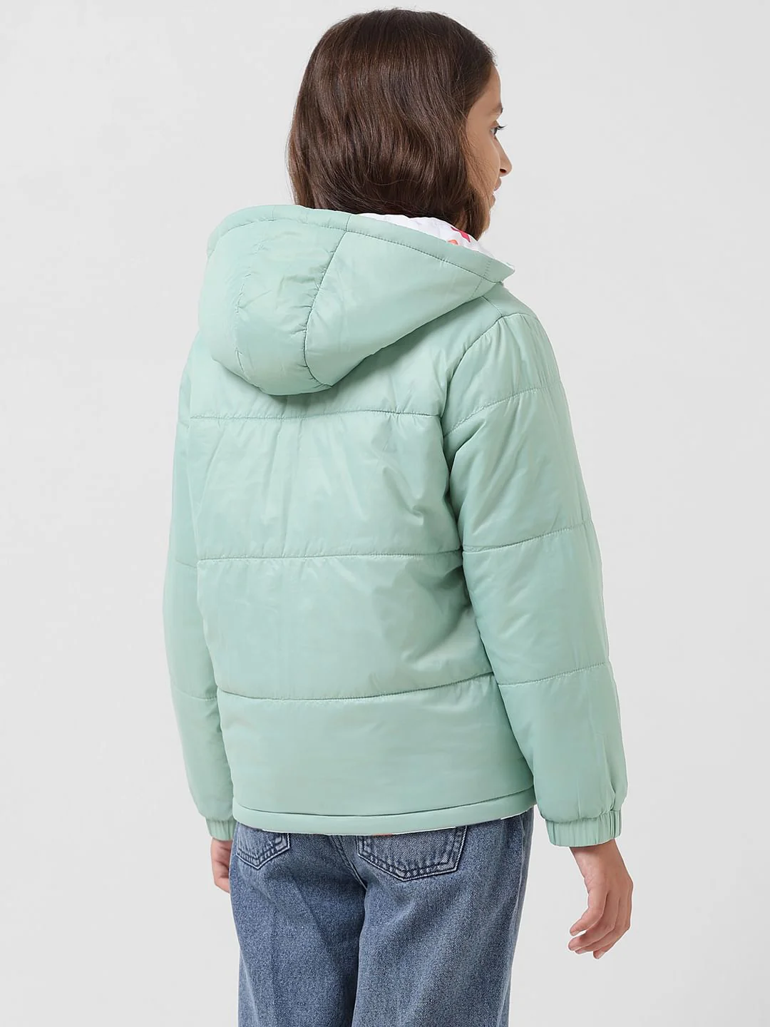Girl White Printed Reversible Puffer Jacket - Image 3