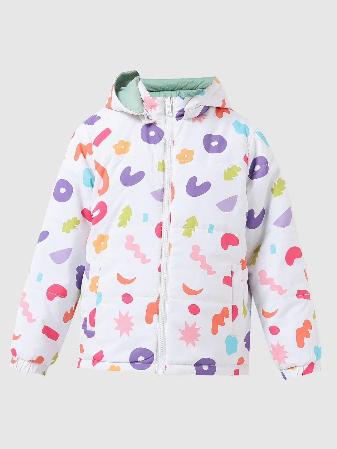 Girl White Printed Reversible Puffer Jacket - Image 5