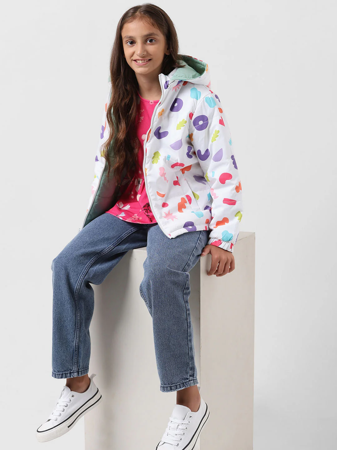 Girl White Printed Reversible Puffer Jacket - Image 6