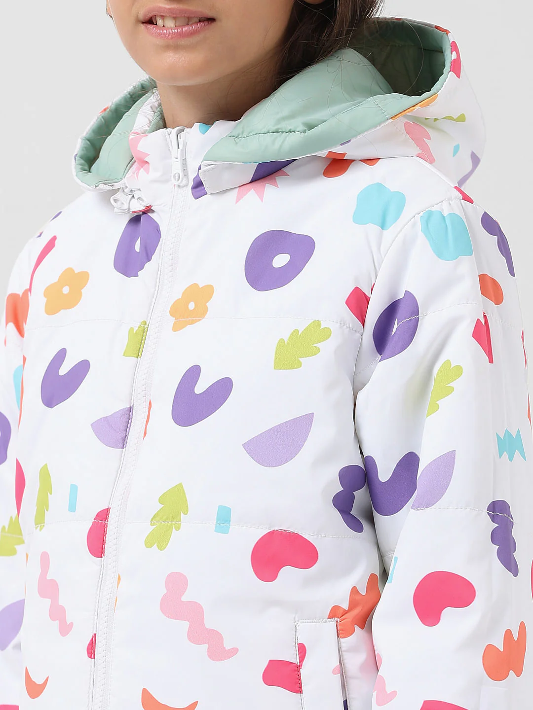 Girl White Printed Reversible Puffer Jacket - Image 9