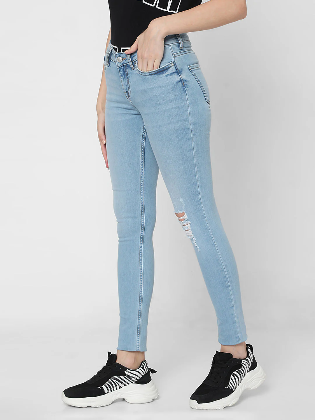 Light Blue Mid Rise Distressed Skinny Jeans - Image 2