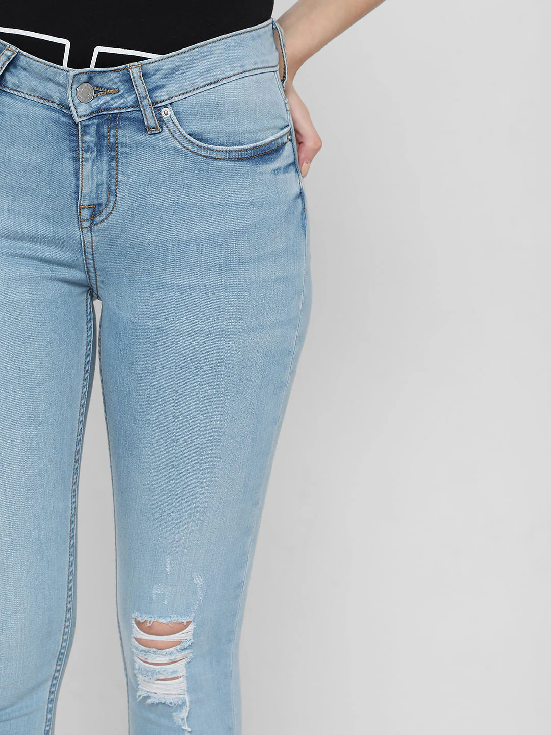 Light Blue Mid Rise Distressed Skinny Jeans - Image 4