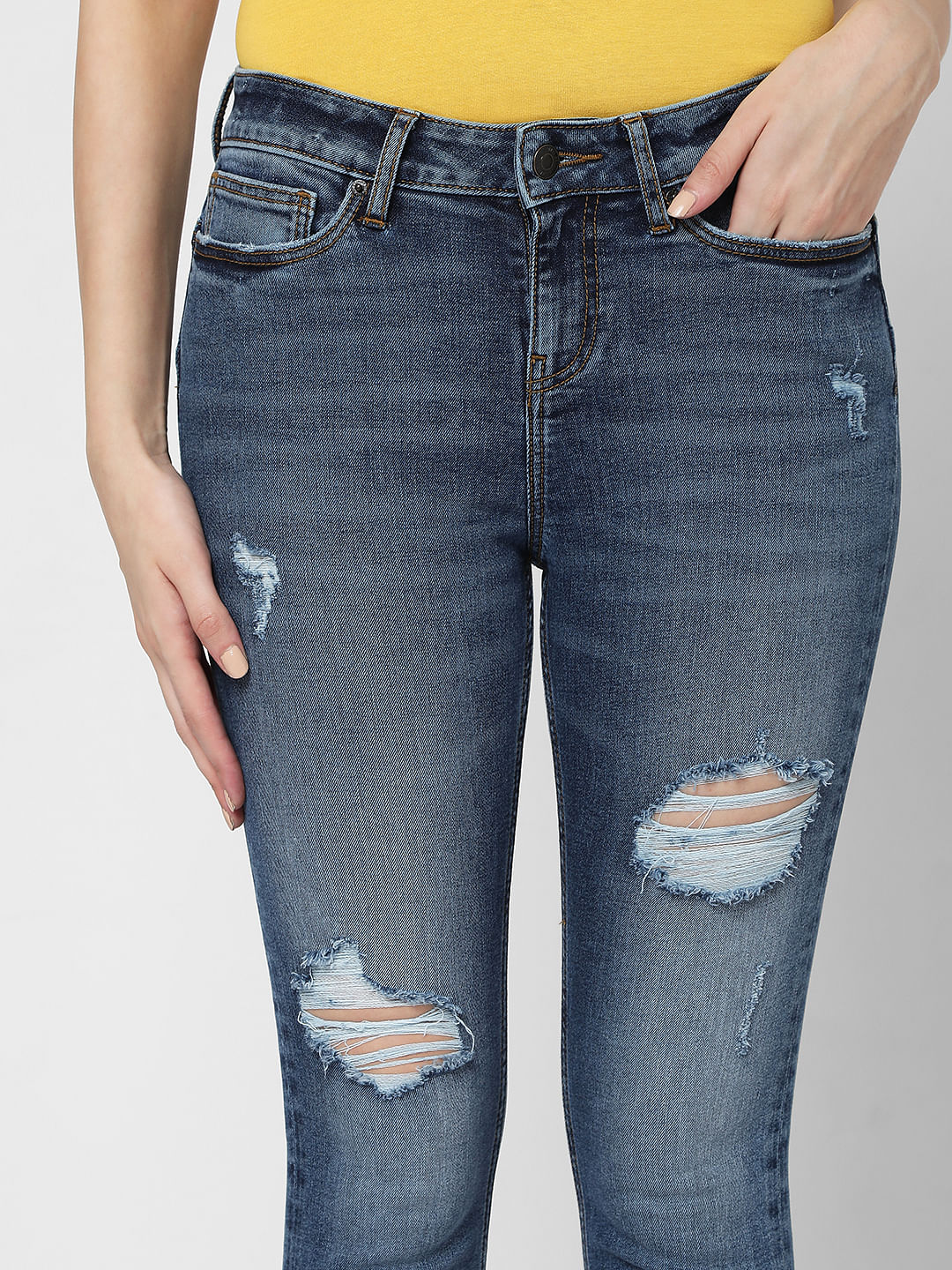 Blue Mid Rise Ripped Skinny Jeans - Image 5