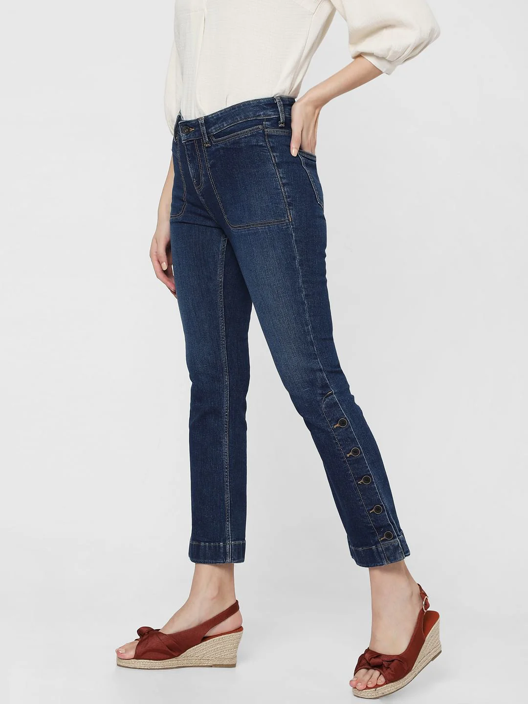 Blue Mid Rise Slit Ankle Bootcut Jeans - Image 3
