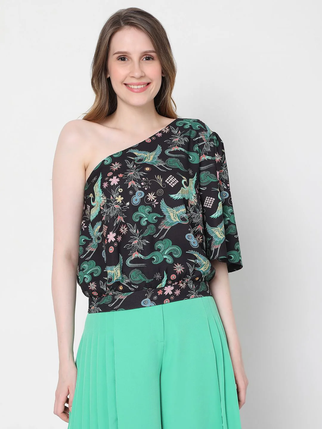 Black Japanese Inspired Print One Shoulder Top - Image 2